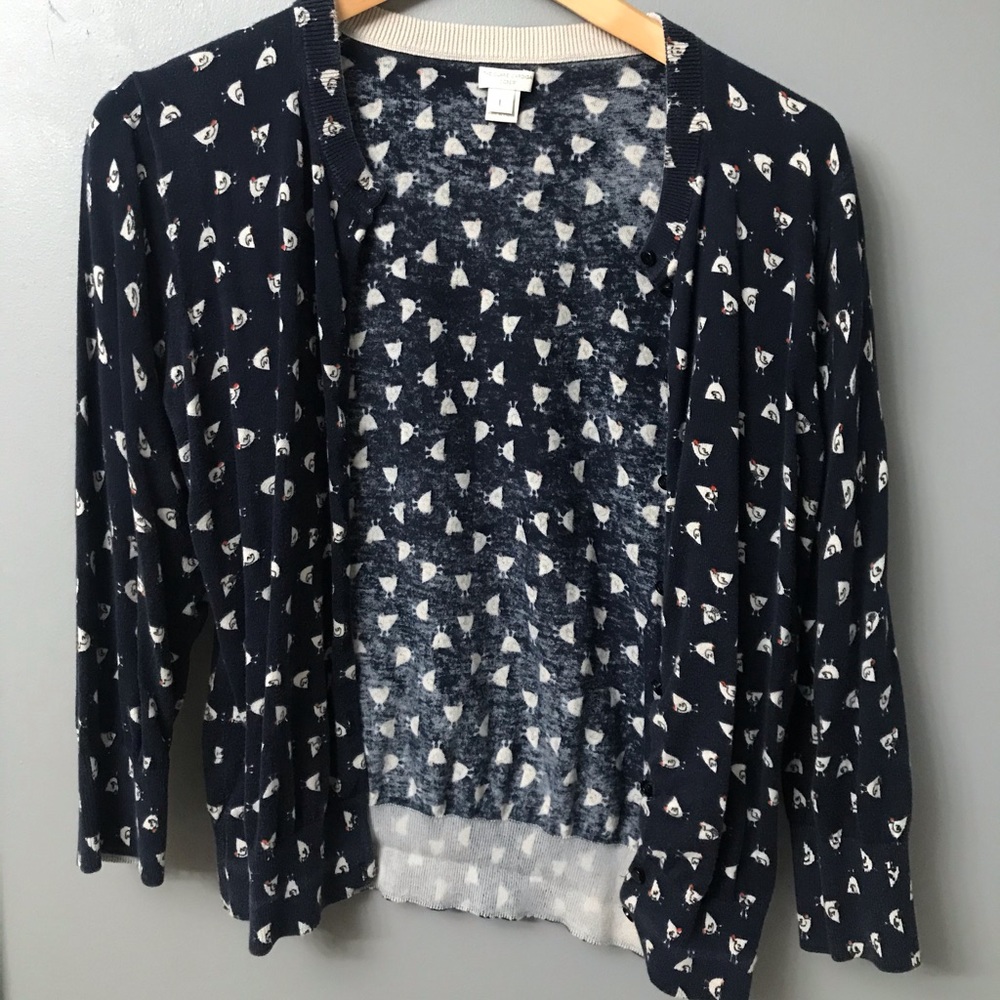 J Crew Cardigan, Navy Chicken Print